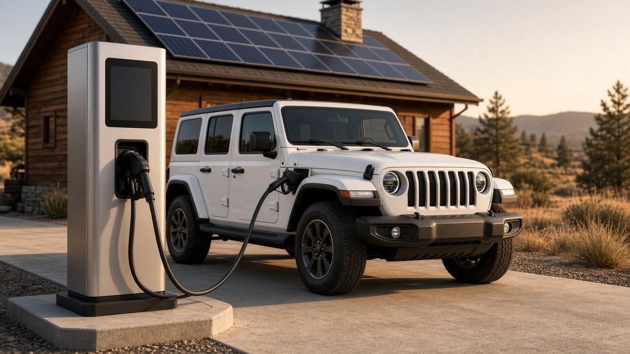 White Jeep plugged into a pump-style home charger, with rooftop solar panels behind it