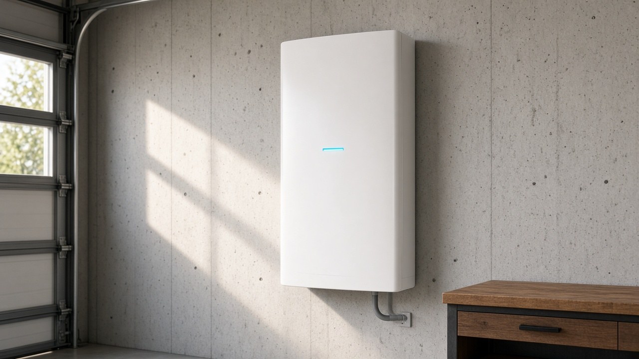 Home battery backup on a garage wall