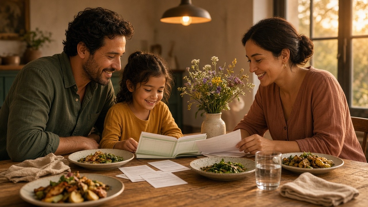 Family at the dinner table looking over household finances