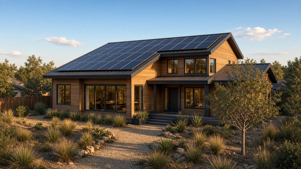 Modern cedar home with rooftop solar panels